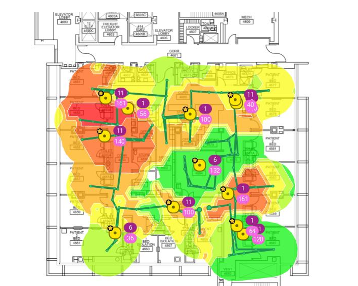 Ekahau heatmap on an inpatient floor plan showing access point placement, survey paths, and coverage gaps near patient rooms