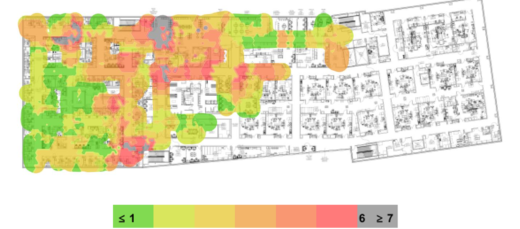 Ekahau co-channel interference heatmap of a surgical suite floor plan showing elevated CCI across operating and support areas